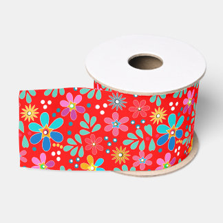Bright floral multicolored pattern retro sixties grosgrain ribbon
