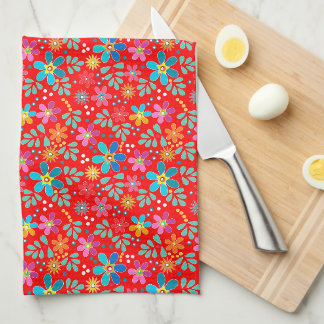 Bright floral multicolored pattern retro sixties tea towel