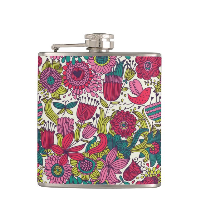 Bright floral pattern hip flask (Front)