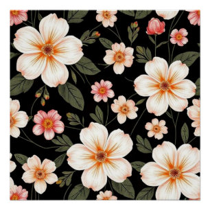 Bright floral pattern on black poster