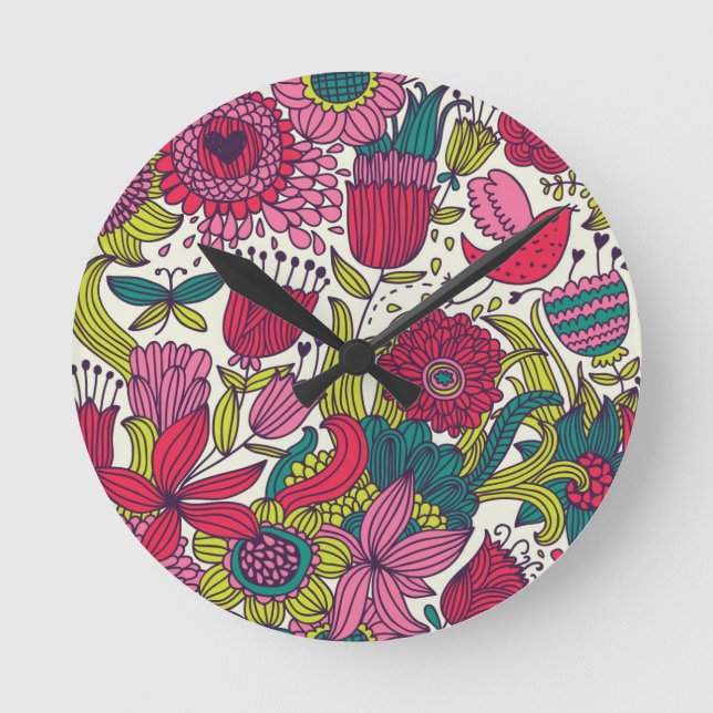 Bright floral pattern round clock (Front)