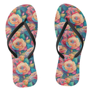 Bright Floral Pattern Slim Strap Flip Flops