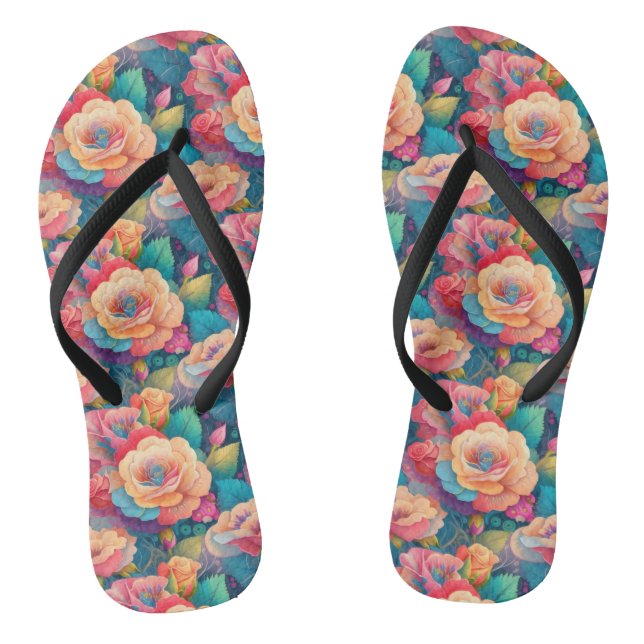 Bright Floral Pattern Slim Strap Flip Flops (Footbed)