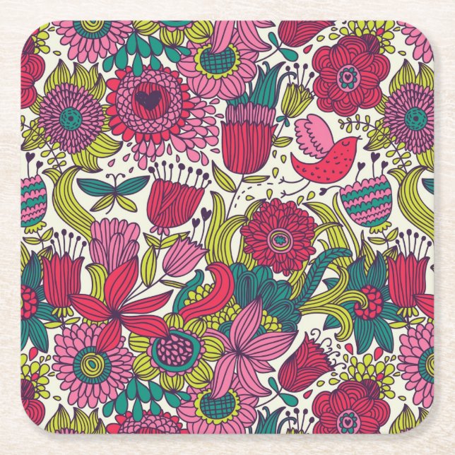 Bright floral pattern square paper coaster (Front)