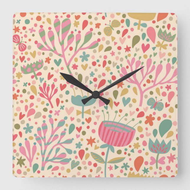Bright floral pattern square wall clock (Front)