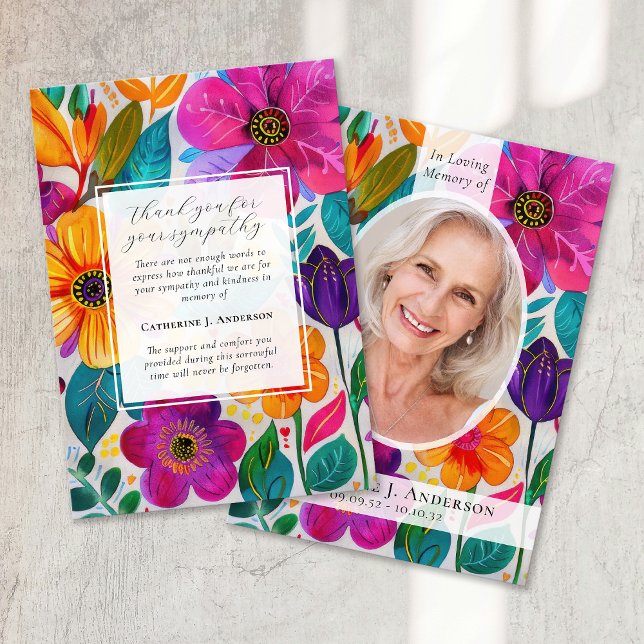 Bright Floral Photo Sympathy Funeral Memorial Thank You Card (Creator Uploaded)