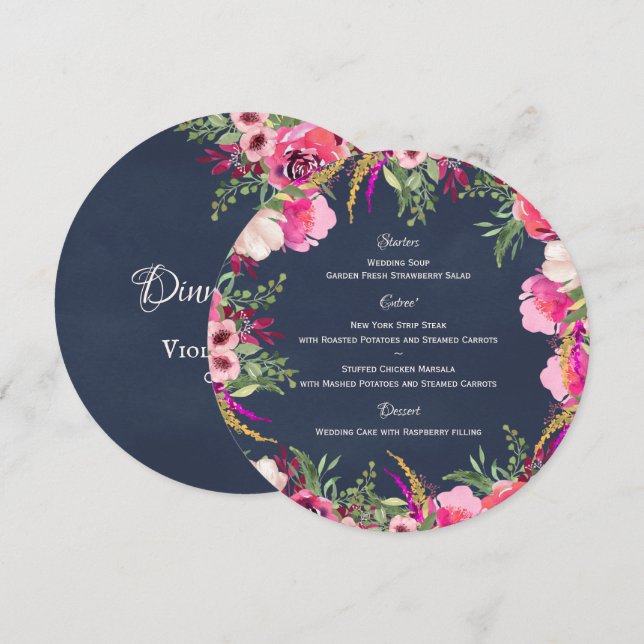 Bright Floral Pink and Navy Round Menu (Front/Back)