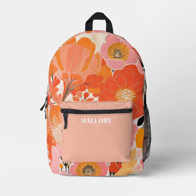 Bright Floral Pink and Orange Printed Backpack (Front)