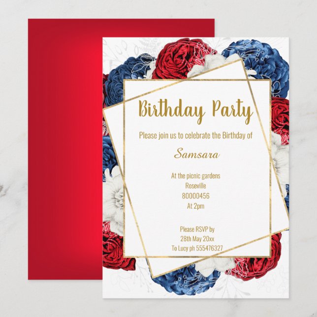 BRIGHT FLORAL RED BLUE WHITE FRAME BIRTHDAY INVITATION (Front/Back)