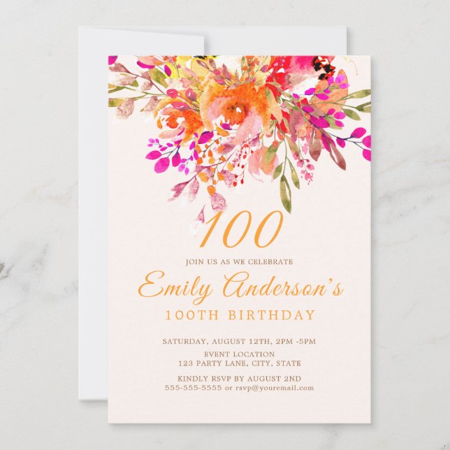 Bright Floral Romantic 100th Birthday Party Invitation (Front)