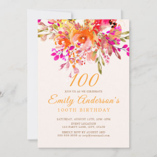 Bright Floral Romantic 100th Birthday Party Invitation