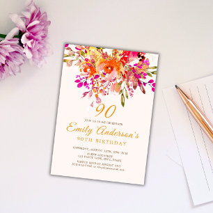 Bright Floral Romantic 90th Birthday Party Invitation