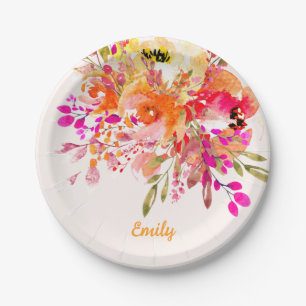 Bright Floral Romantic Custom Name Paper Plate