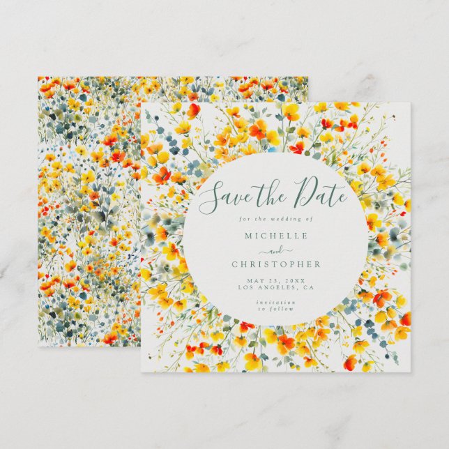 Bright Floral Square Wedding Save The Date (Front/Back)