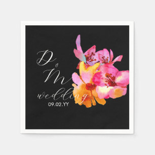 Bright Floral Watercolored Monogram Black Wedding Napkin