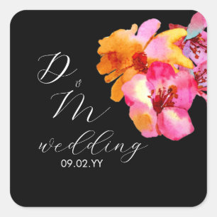 Bright Floral Watercolored Monogram Black Wedding Square Sticker