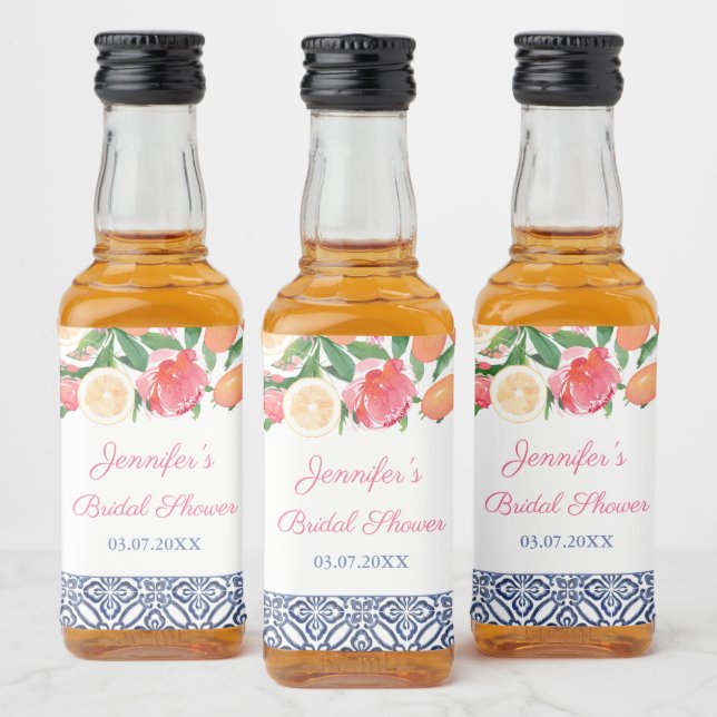 Bright Florals Citrus And Navy Bridal Shower Favou Liquor Bottle Label (Bottles)