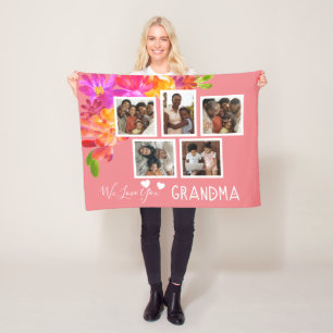 Bright Florals Love You Grandma Photo Collage Fleece Blanket