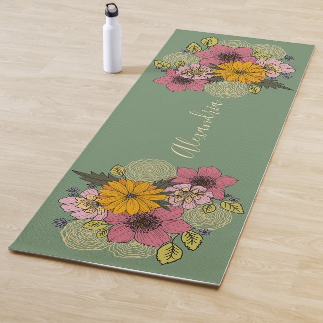 Bright Florals on soft Green, Personalised Yoga Mat (In Situ)
