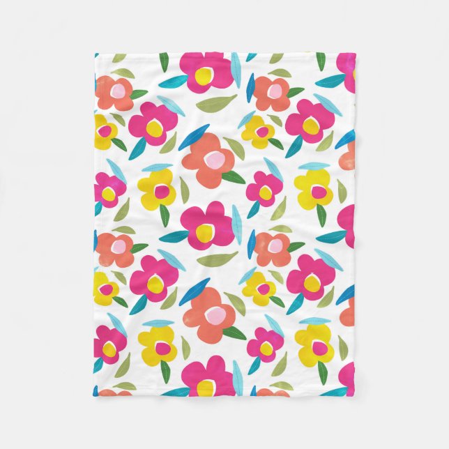 Bright Florals on White Fleece Blanket (Front)