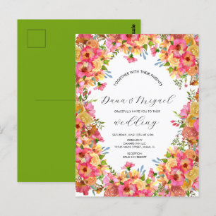 Bright Florals Pink Colourful Watercolor Wedding Postcard