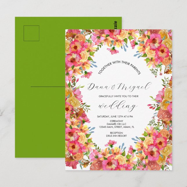 Bright Florals Pink Colourful Watercolor Wedding  Postcard (Front/Back)