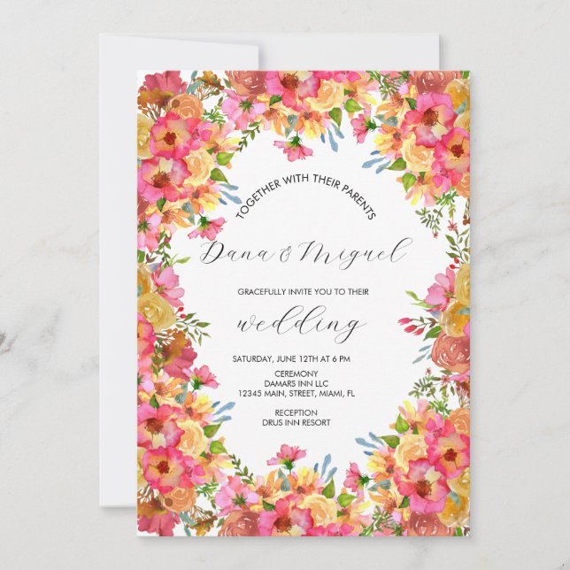 Bright Florals Pink Garden Watercolor Wedding  Card (Front)