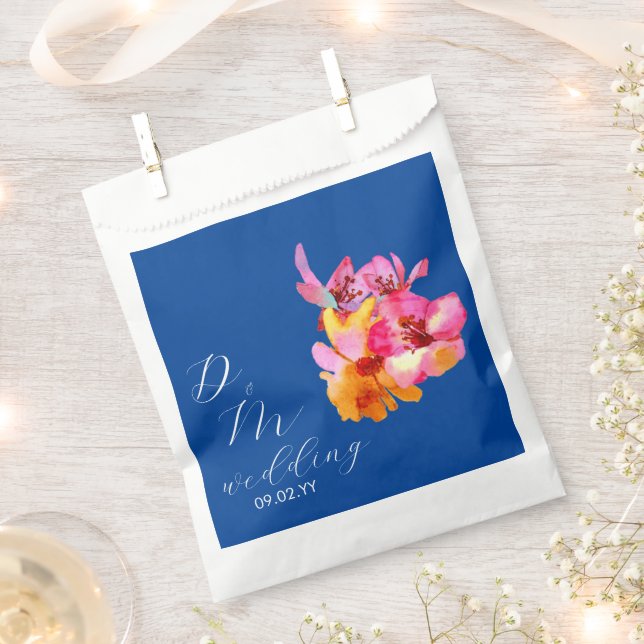 Bright Florals Watercolored Monogram Blue Wedding  Favour Bags (Clipped)