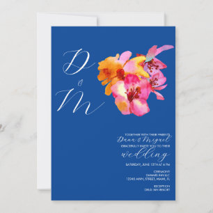 Bright Florals Watercolored Monogram Blue Wedding  Invitation