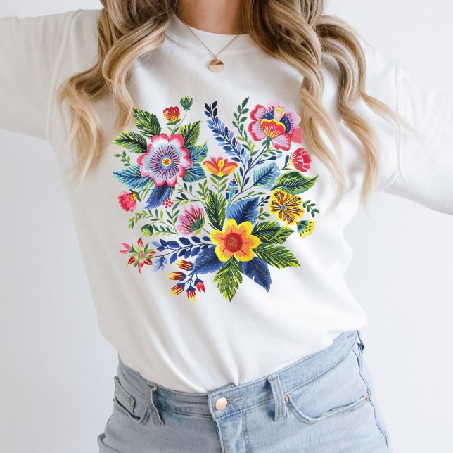 Bright Florals Wildflowers Faux Yarn Embroidery  Sweatshirt (Bright Watercolor Florals, Faux Yarn embroidery Design on this sweatshirt for her)
