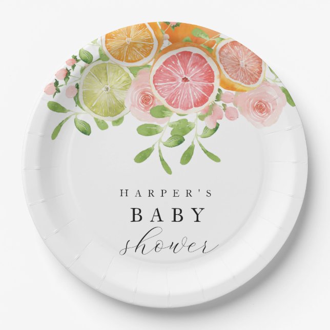 Bright flower and citrus baby shower paper plate (Front)