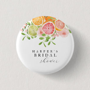Bright flower and citrus bridal shower 3 cm round badge