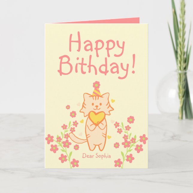 Bright Flower&Cute Cat wearing Hat&Heart Birthday Card (Front)