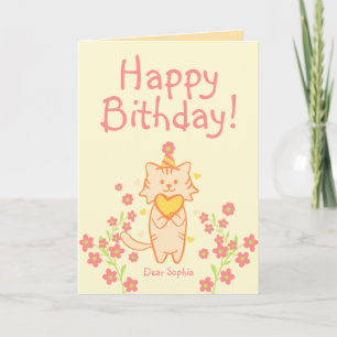 Bright Flower&Cute Cat wearing Hat&Heart Birthday  Card
