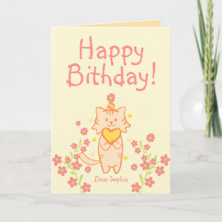 Bright Flower&Cute Cat wearing Hat&Heart Birthday  Card