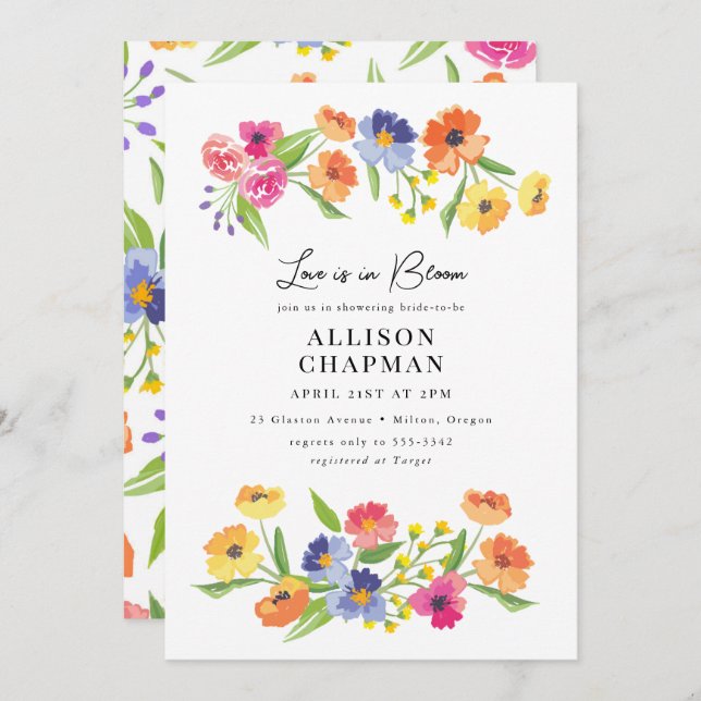 Bright Flower Garden Pink Orange Bridal Shower Invitation (Front/Back)