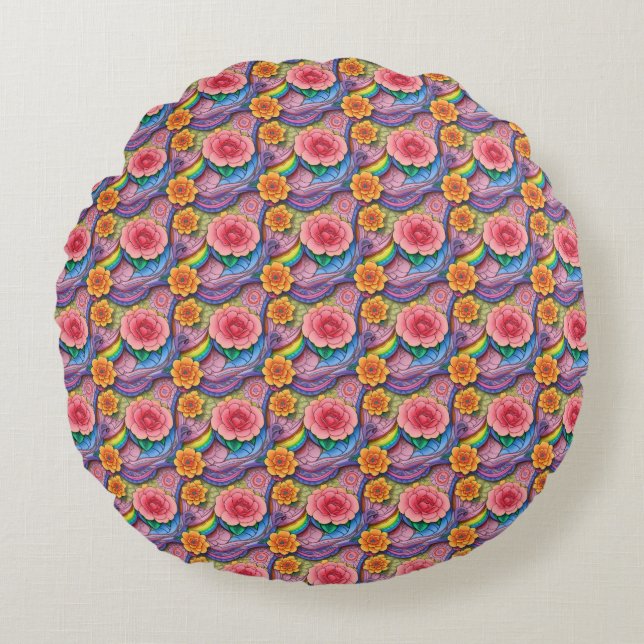 Bright Flower Pattern Round Pillow (Front)