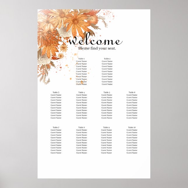 Bright Flower Spring Summer Wedding Seating Chart (Front)
