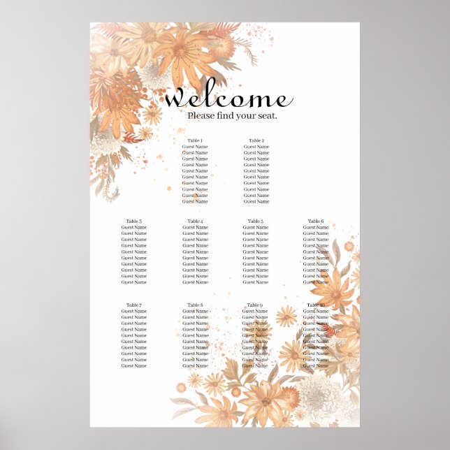 Bright Flower Spring Summer Wedding Seating Chart (Front)