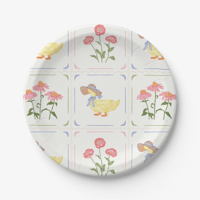 Bright Flowers and Ducks Paper Plate (Front)