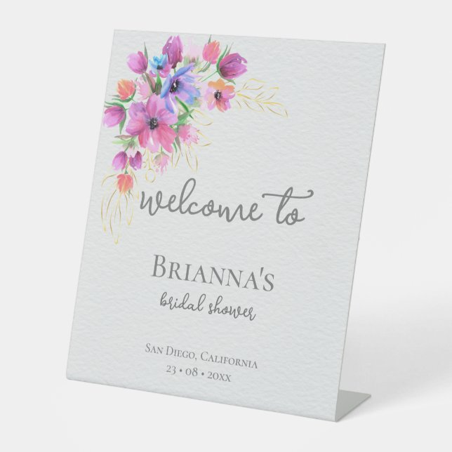 Bright Flowers and Gold Bridal Shower Welcome Pedestal Sign (Front)