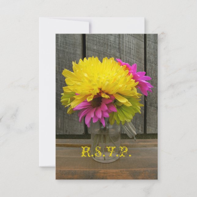 Bright Flowers & Barnwood Wedding RSVP Card (Front)