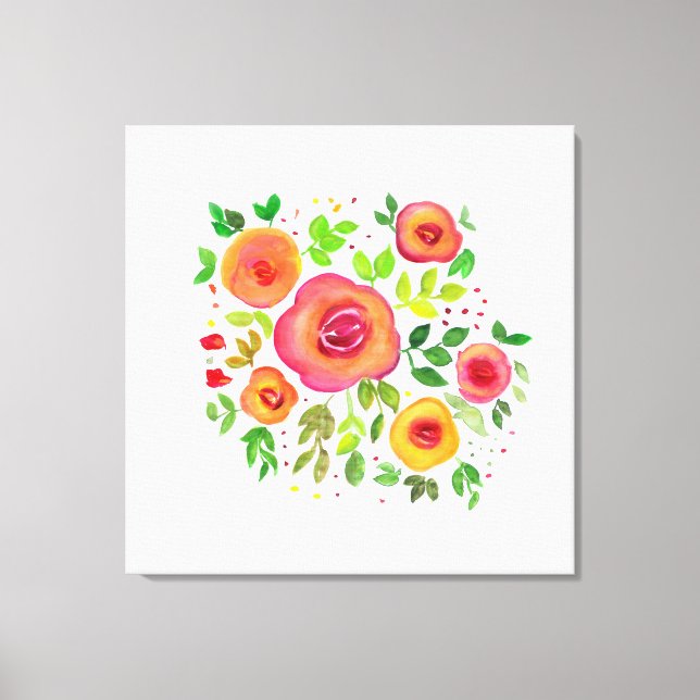 Bright Flowers Floral Bouquet, Watercolor Painting Canvas Print (Front)