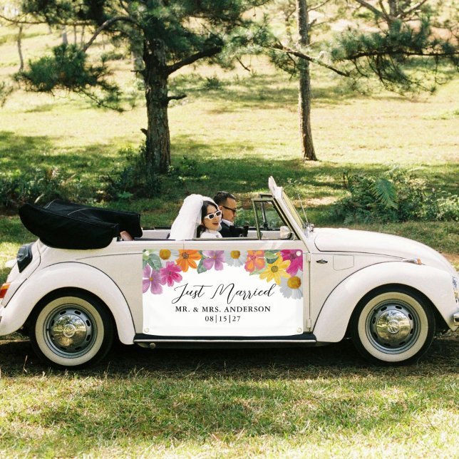 Bright Flowers Just Married Car Banner (Creator Uploaded)