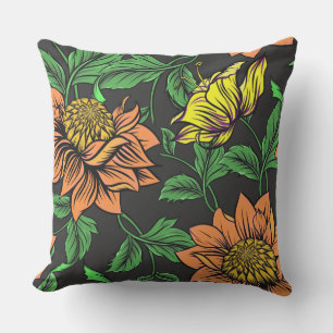 Bright Flowers Pop from Black Background Cushion