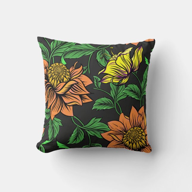 Bright Flowers Pop from Black Background Cushion (Front)