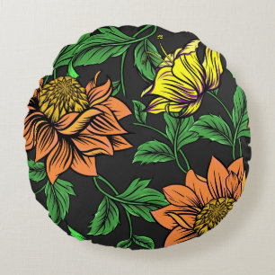 Bright Flowers Pop from Black Background Round Cushion