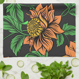 Bright Flowers Pop from Black Background Tea Towel