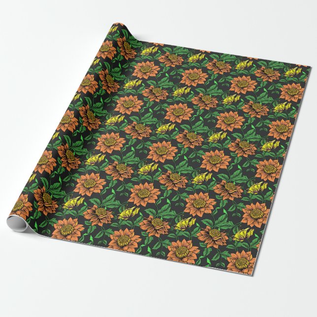 Bright Flowers Pop from Black Background Wrapping Paper (Unrolled)