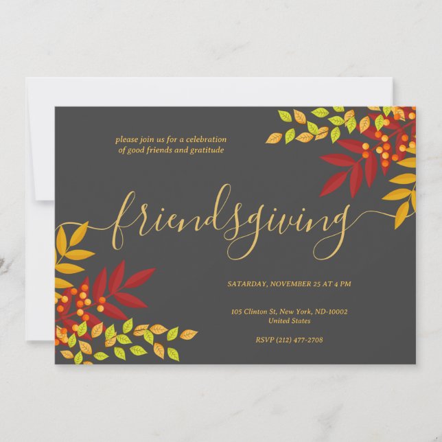 Bright Foliage Black Theme Thanksgiving Dinner Invitation (Front)